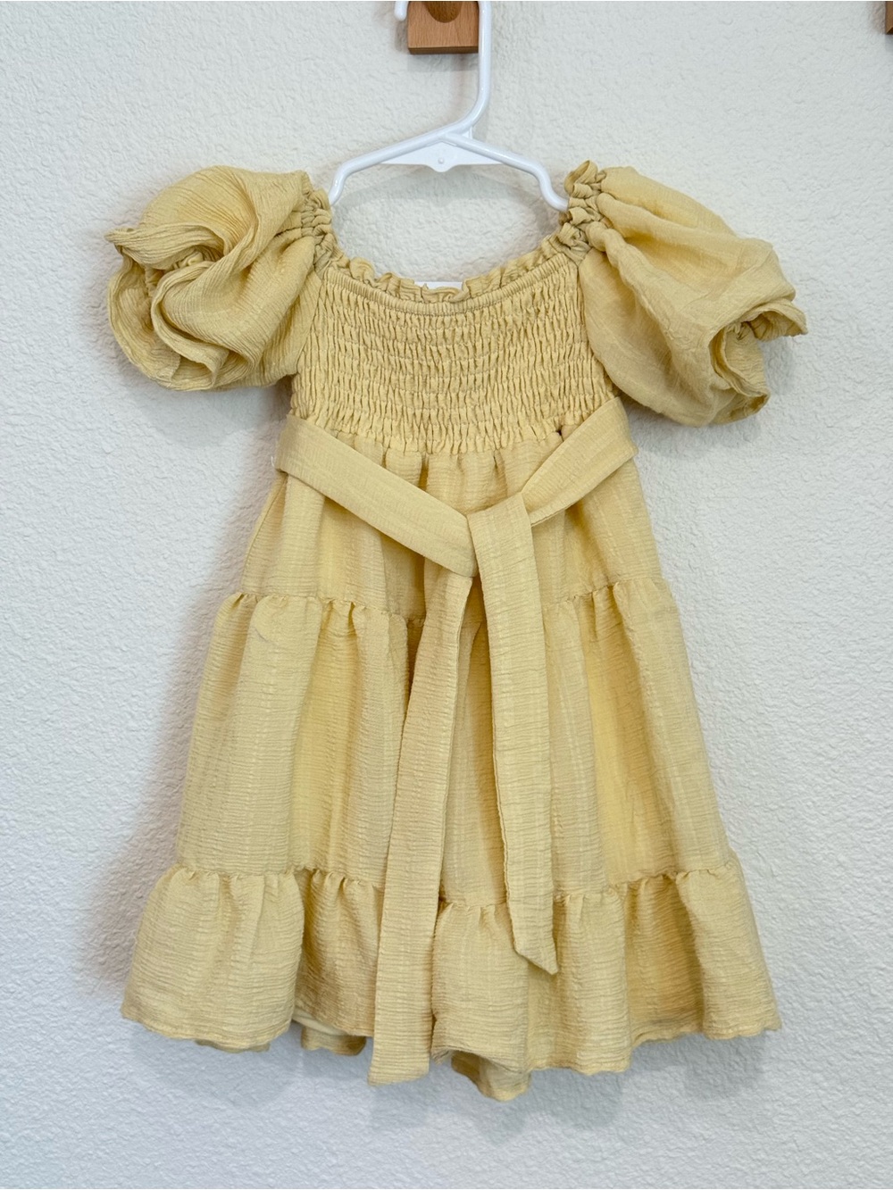 Mommy & Me Smocked Puff-Sleeve Yellow Tiered Dress with Waist Sash